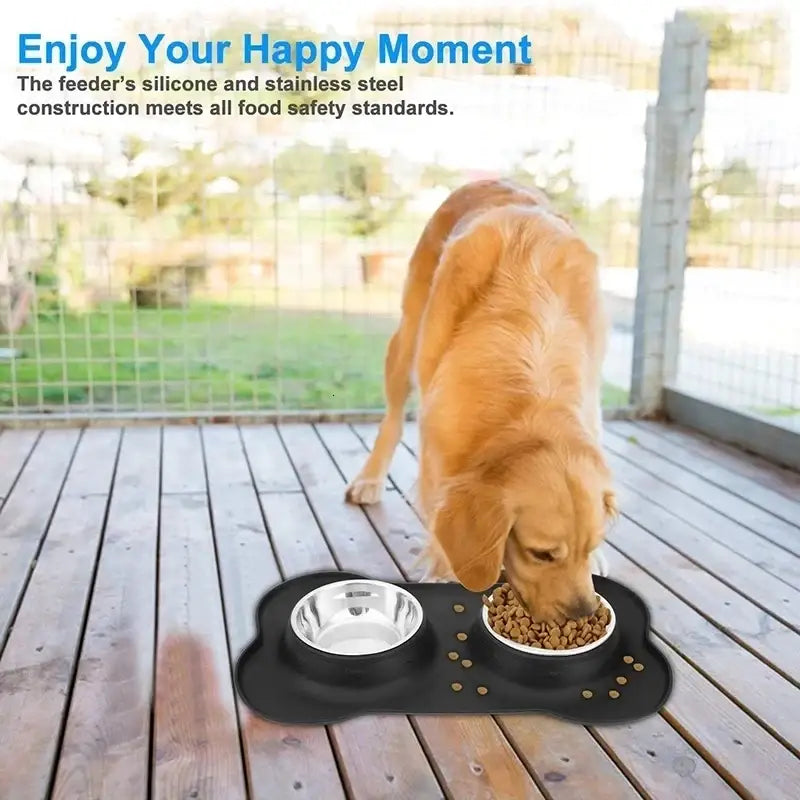 Dog food and water bowl set with a golden retriever eating from it on a wooden deck.