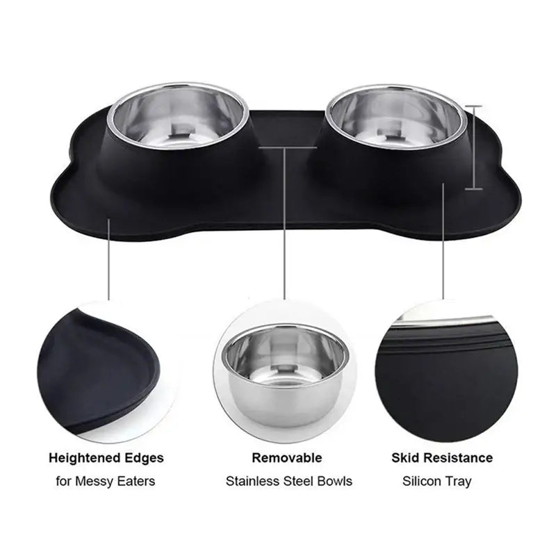 Double pet food bowl set with a black silicone tray and stainless steel bowls.