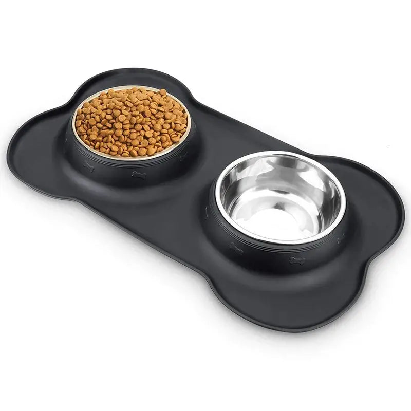 Pet feeding station with two bowls on a bone-shaped mat.