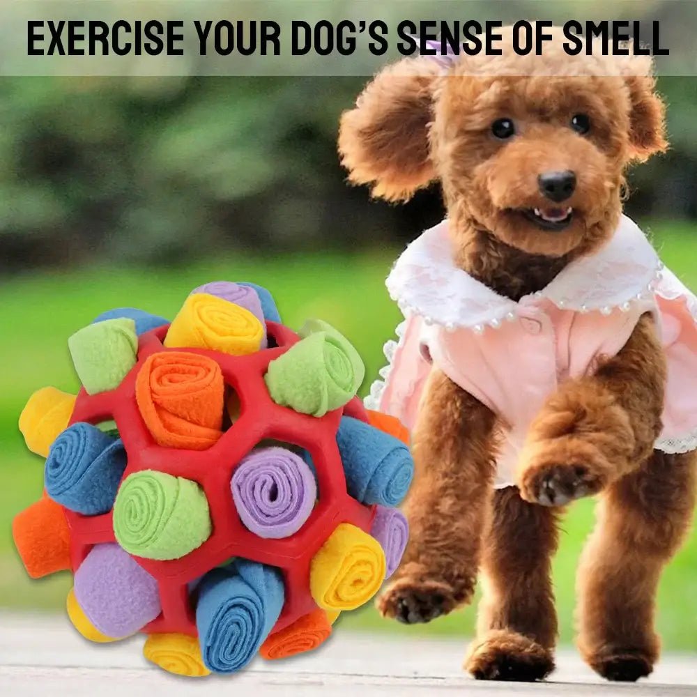 Colorful spherical dog toy with rolled fabric protrusions.