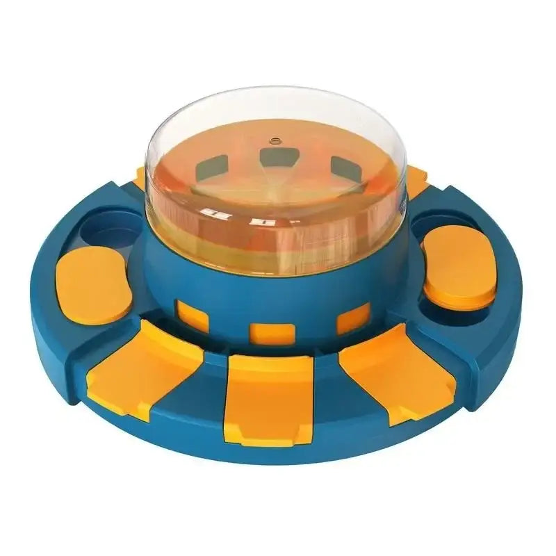 Circular blue and yellow pet toy with a transparent dome on top.