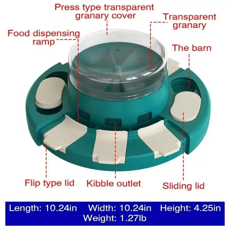 Circular pet feeder with multiple compartments and a transparent cover.