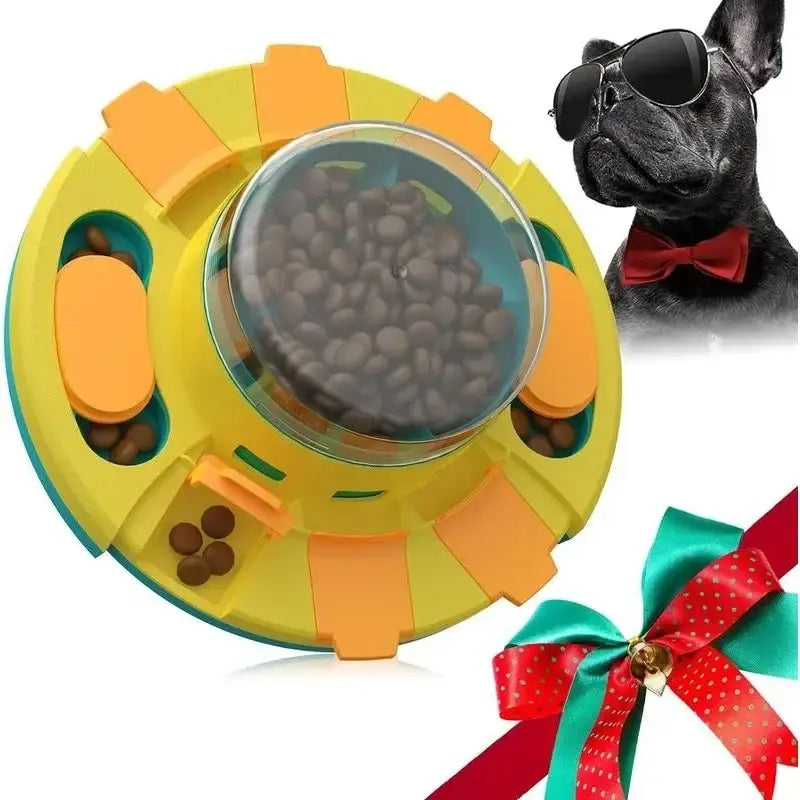 Circular yellow and orange interactive dog toy with a transparent center compartment containing kibble.