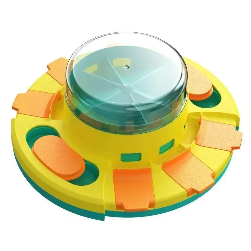 Colorful circular toy with a central dome and protruding shapes around the edges.