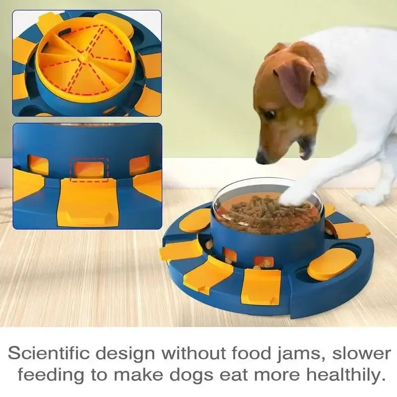 Dog puzzle feeder with multiple compartments for food distribution.