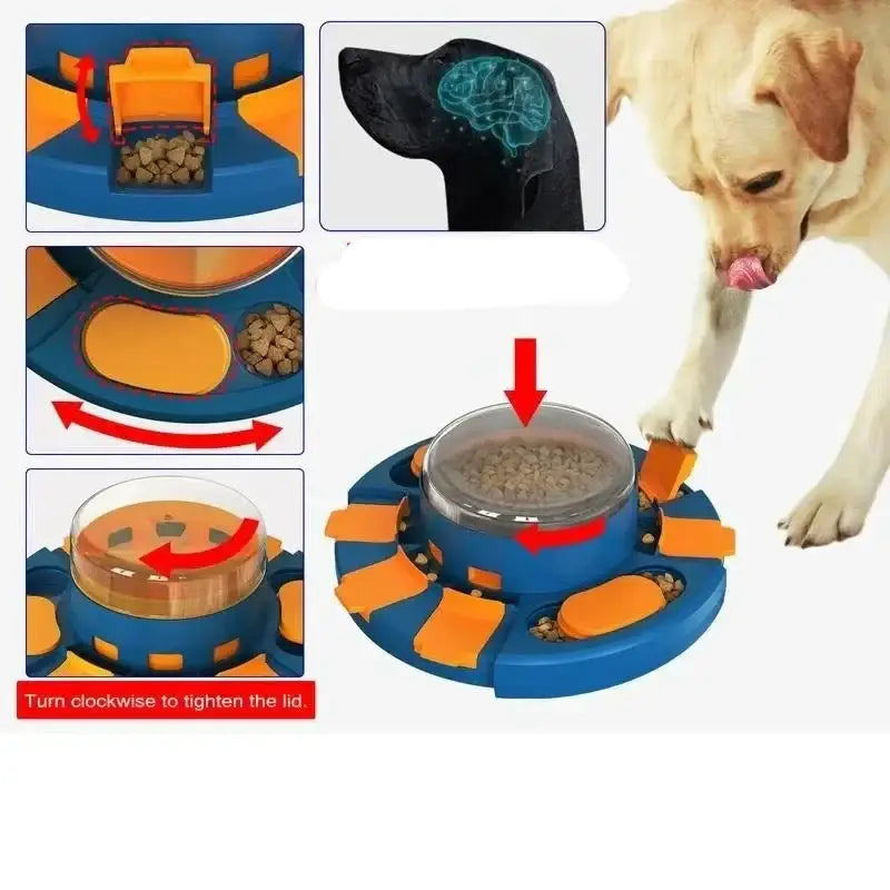 Interactive dog puzzle feeder toy with rotating compartments for treats or food.