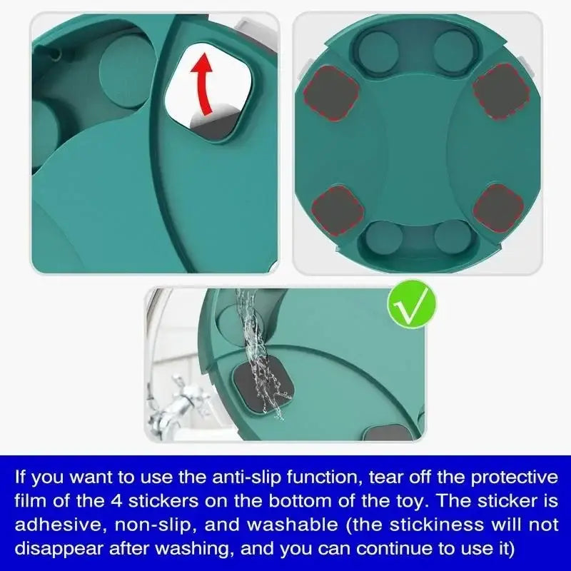 Teal-colored circular device with four removable anti-slip stickers on its underside.