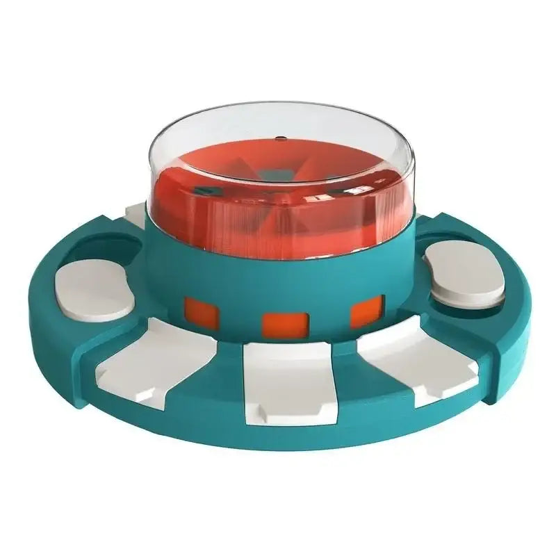 Teal-colored circular pet feeder with a red covered food bowl in the center and multiple openings around the edge.