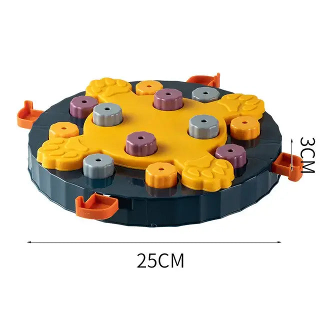 Circular puzzle toy with colorful pegs and compartments for dogs.