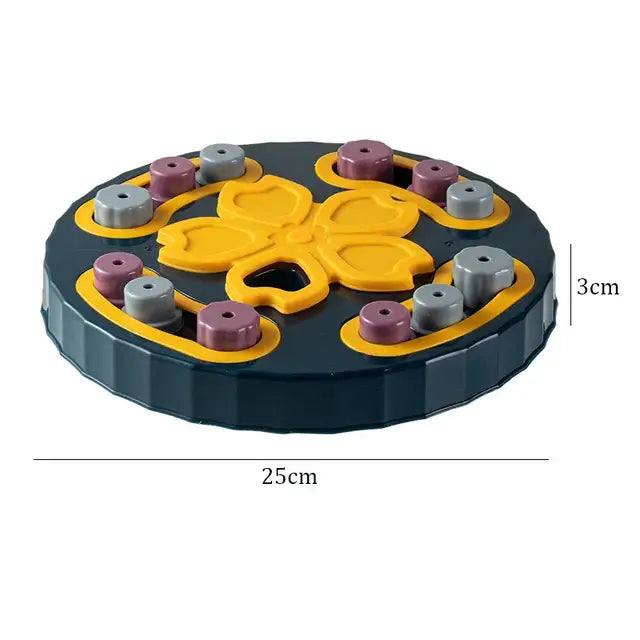 Circular puzzle toy for dogs with sliding pieces and treat compartments.