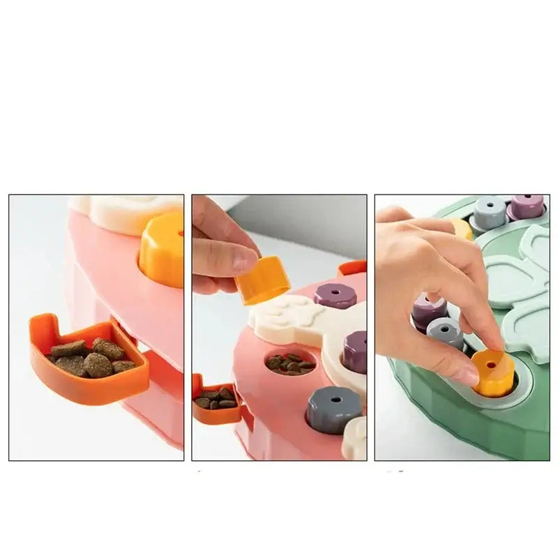 Colorful plastic toy with compartments for sorting and placing small objects.