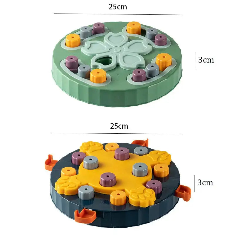 Interactive puzzle toy for dogs with treat-dispensing compartments and sliding pieces.