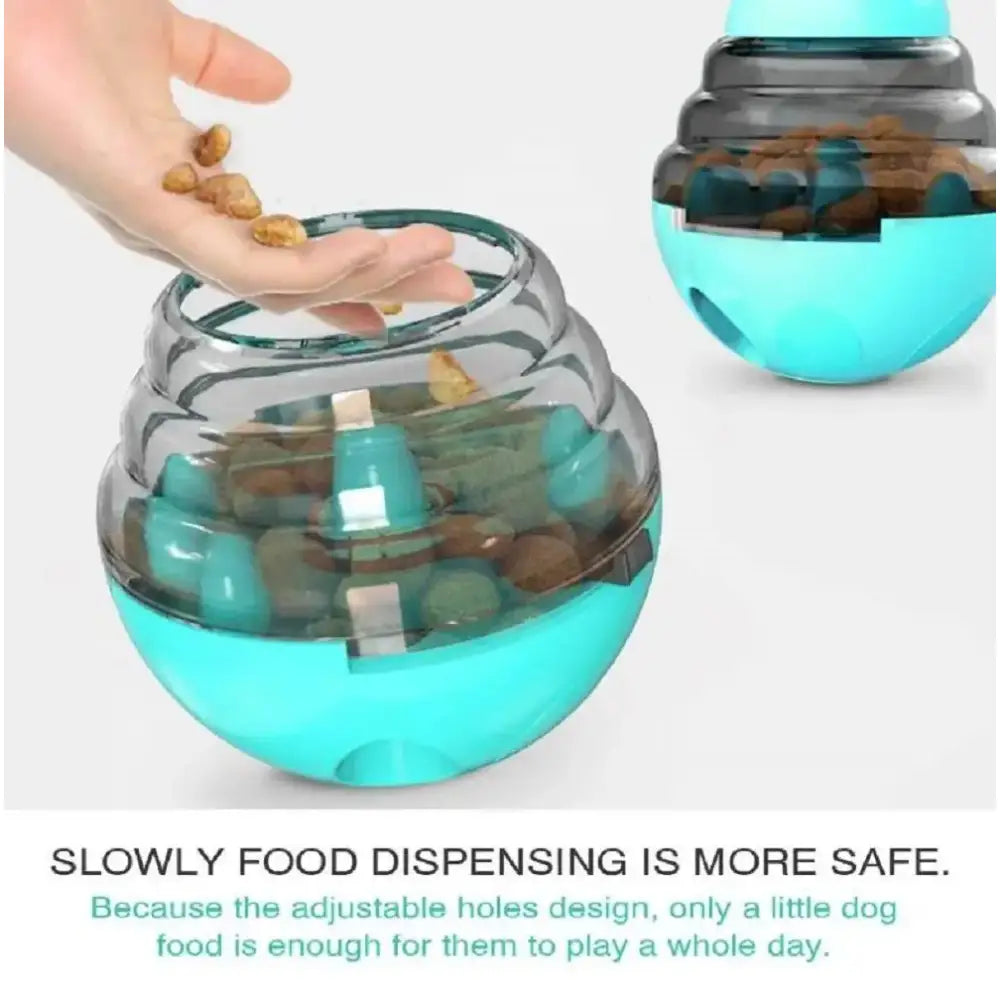 Spherical pet food dispenser with adjustable openings for controlled feeding.