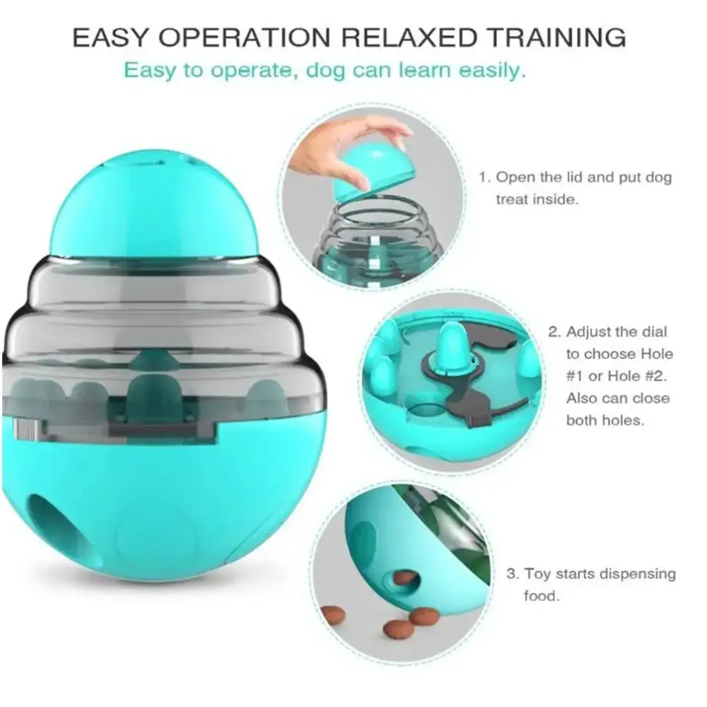 Turquoise and clear plastic interactive dog treat dispenser toy.