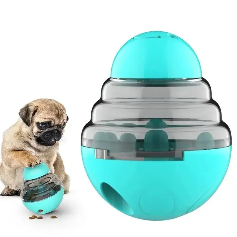 Turquoise interactive dog toy with a transparent middle section and dome-shaped top.