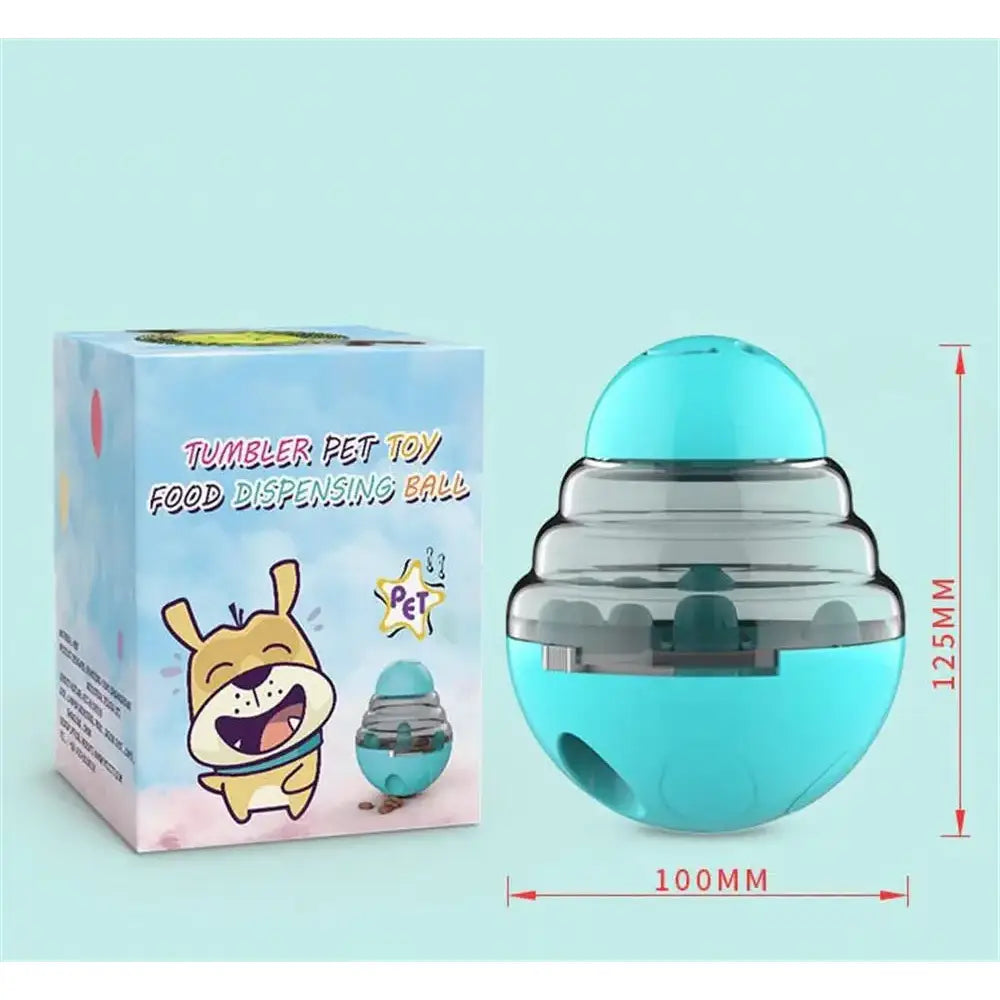 Turquoise spherical pet toy dispenser with a transparent bottom half and opaque top half.