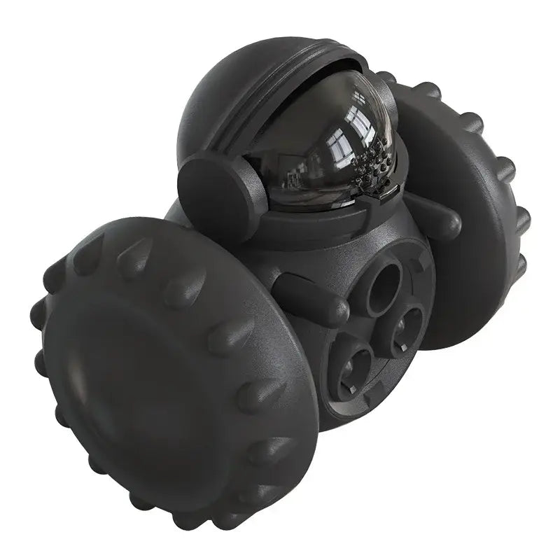 Black robotic toy with a spherical head and textured wheel-like appendages.