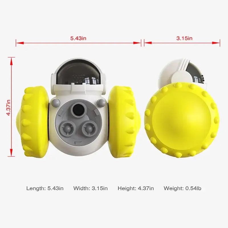 Robotic toy or device with yellow wheels and a gray body featuring sensors or cameras.