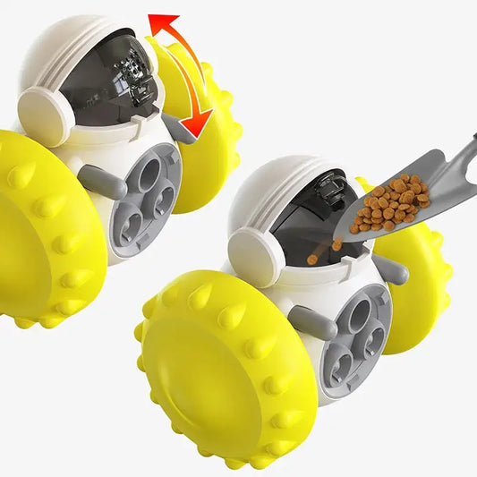 Robotic toy vehicle with yellow wheels and a compartment for dispensing pet food.