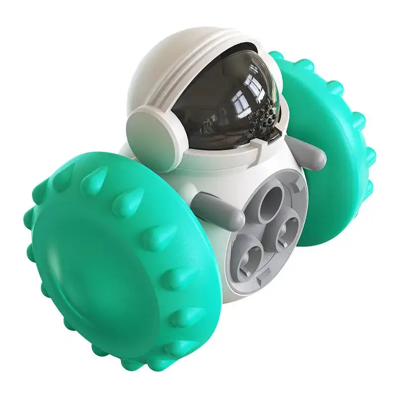 Toy astronaut figure with turquoise wheels instead of legs.