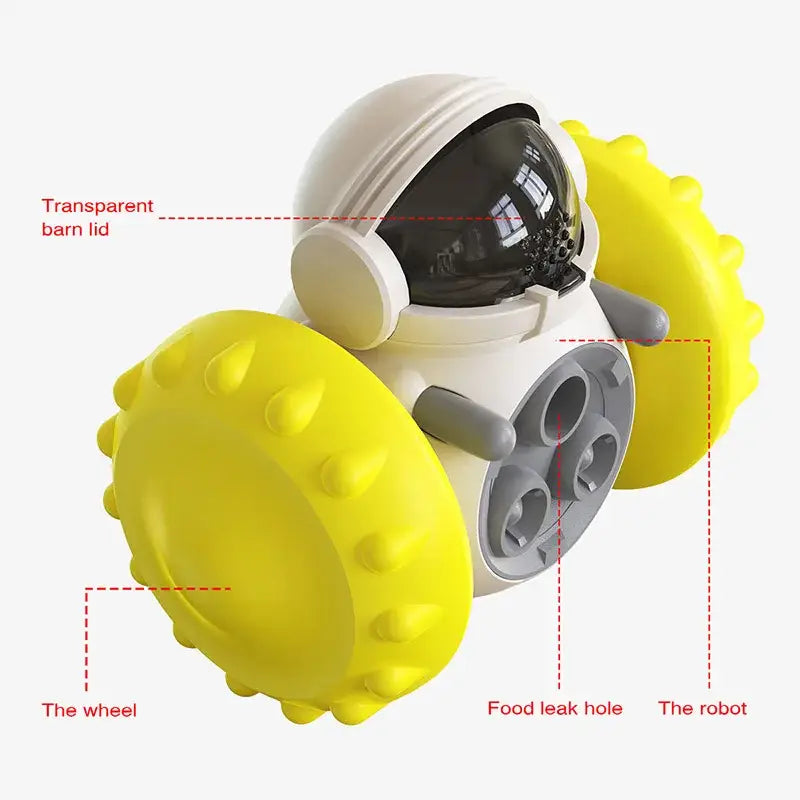 Toy robot with a transparent dome, yellow wheels, and a white body.