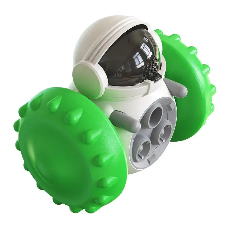 Toy robot with a white body, black dome head, and bright green wheels.