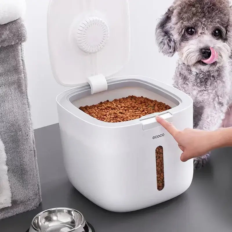 Smart pet food dispenser with a digital display and a container filled with dry pet food.