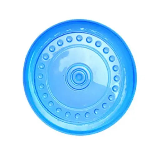 Blue circular plastic disc with concentric rings and raised dots around the edge.