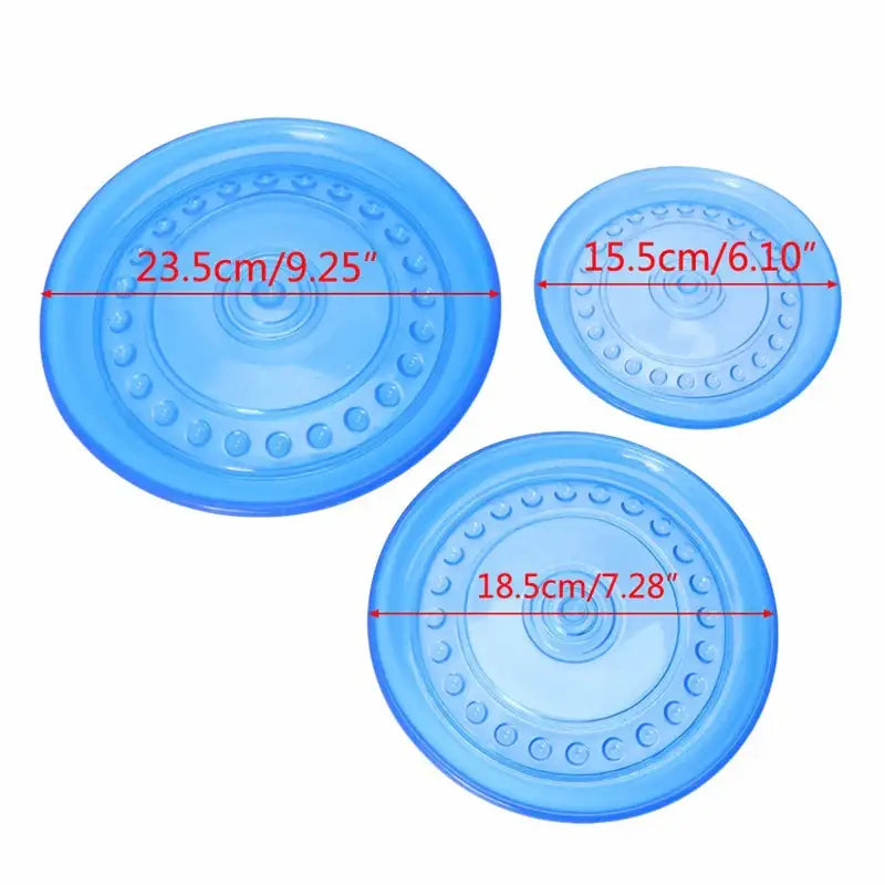 Blue circular plastic lids or covers with concentric patterns and size measurements.