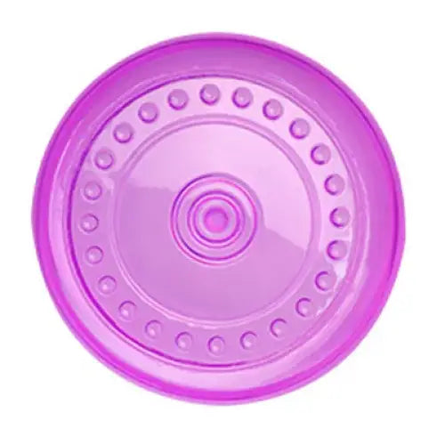 Circular purple plastic disc with concentric rings and raised dots around the edge.