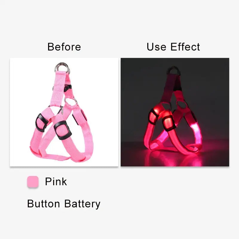 Dog harness with light-up feature, shown in pink and illuminated versions.