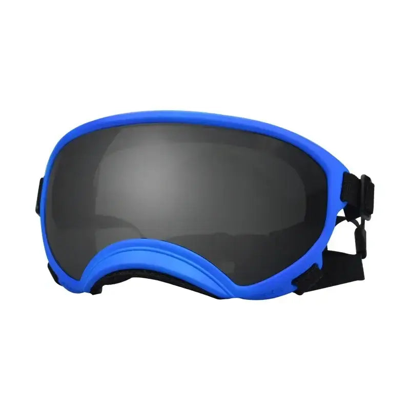 Blue ski or snowboard goggles with dark tinted lenses.