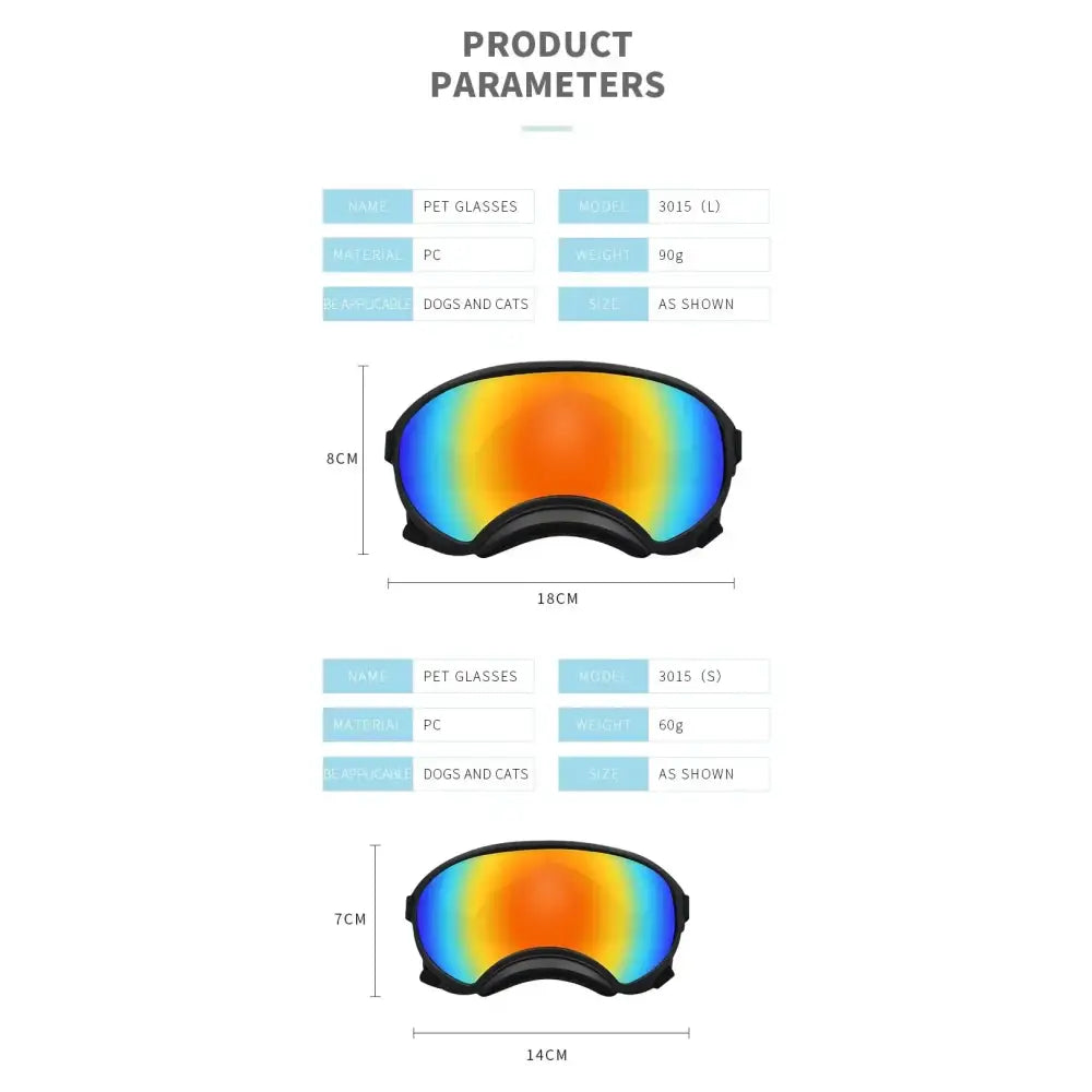 Colorful ski goggles with rainbow-tinted lenses and product specifications.