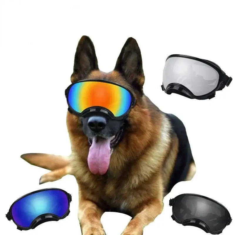 German Shepherd dog wearing colorful ski goggles with its tongue out.