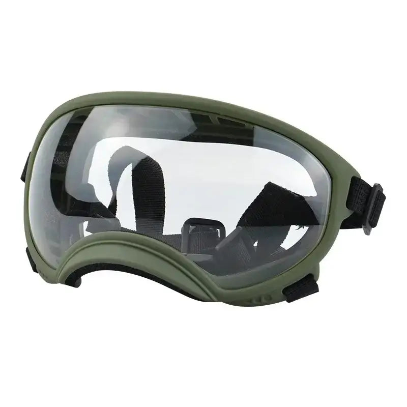 Military-style protective goggles with a green frame and clear lens.