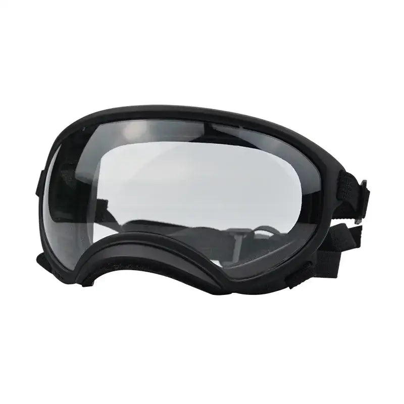 Protective goggles with a clear lens and black frame.