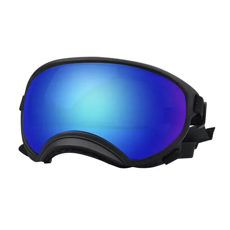 Ski or snowboard goggles with a blue mirrored lens and black frame.