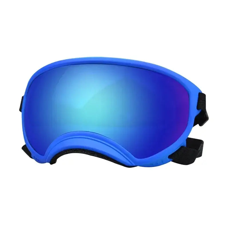 Ski or snowboard goggles with blue mirrored lenses and a blue frame.