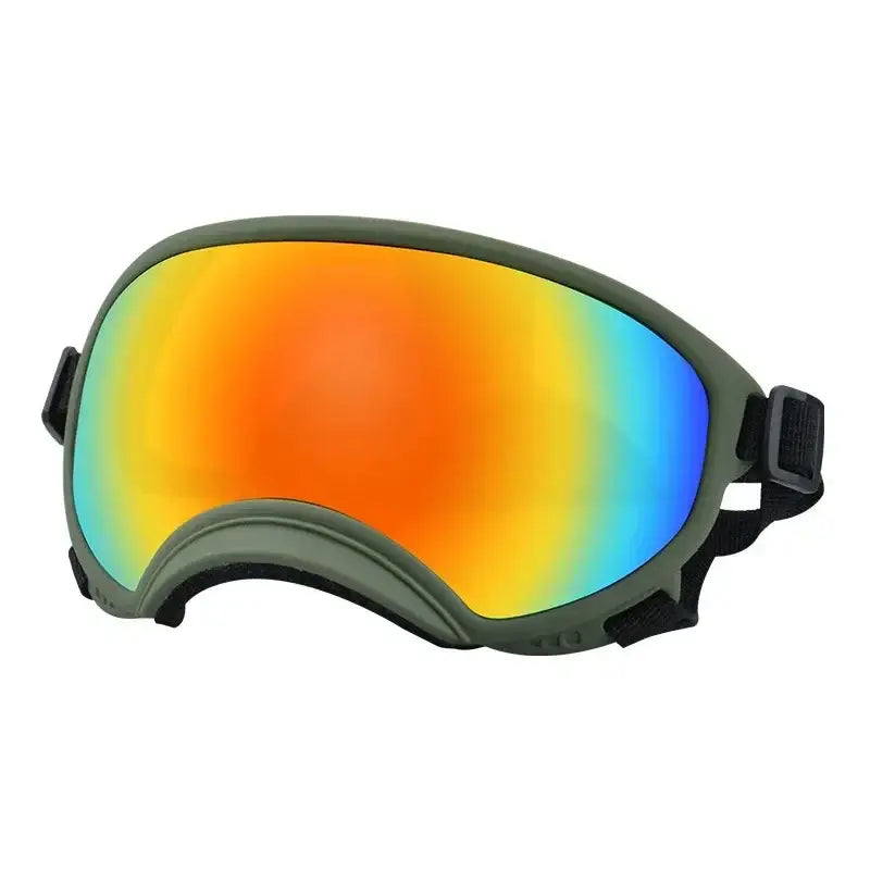 Ski or snowboard goggles with a colorful mirrored lens.