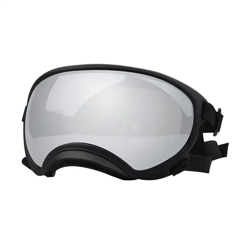 Ski or snowboard goggles with mirrored lenses and a black frame.