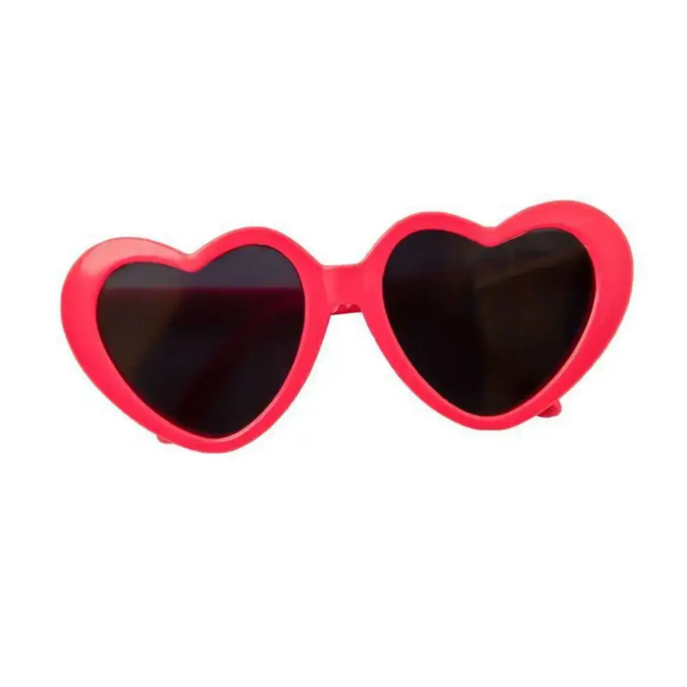 Heart-shaped sunglasses with red frames and dark lenses.