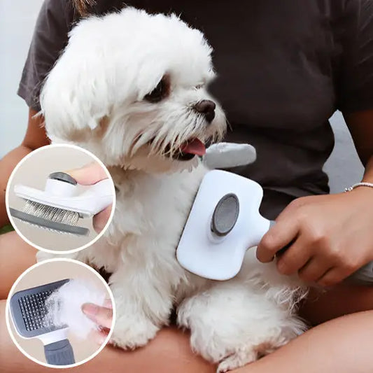 White fluffy dog being groomed with a handheld brush tool.