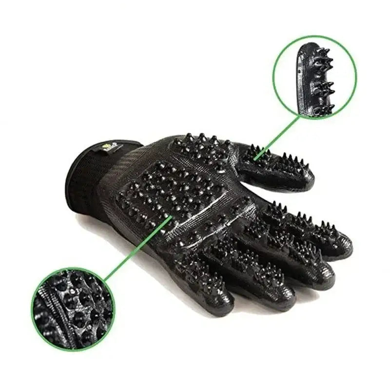 Black grooming glove with rubber bristles for pet hair removal.