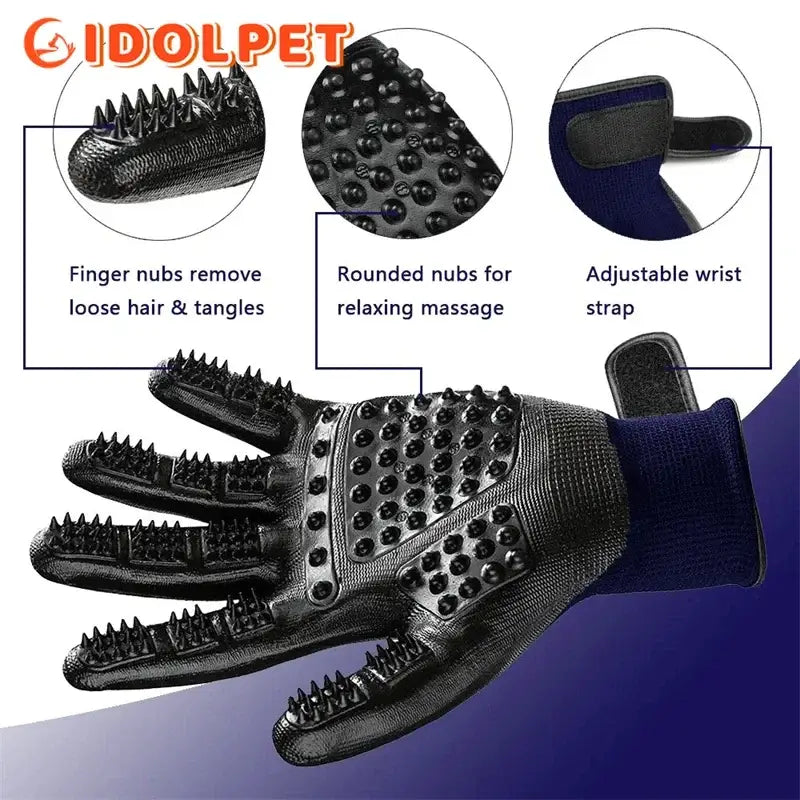 Grooming glove with various textured surfaces for pet care.