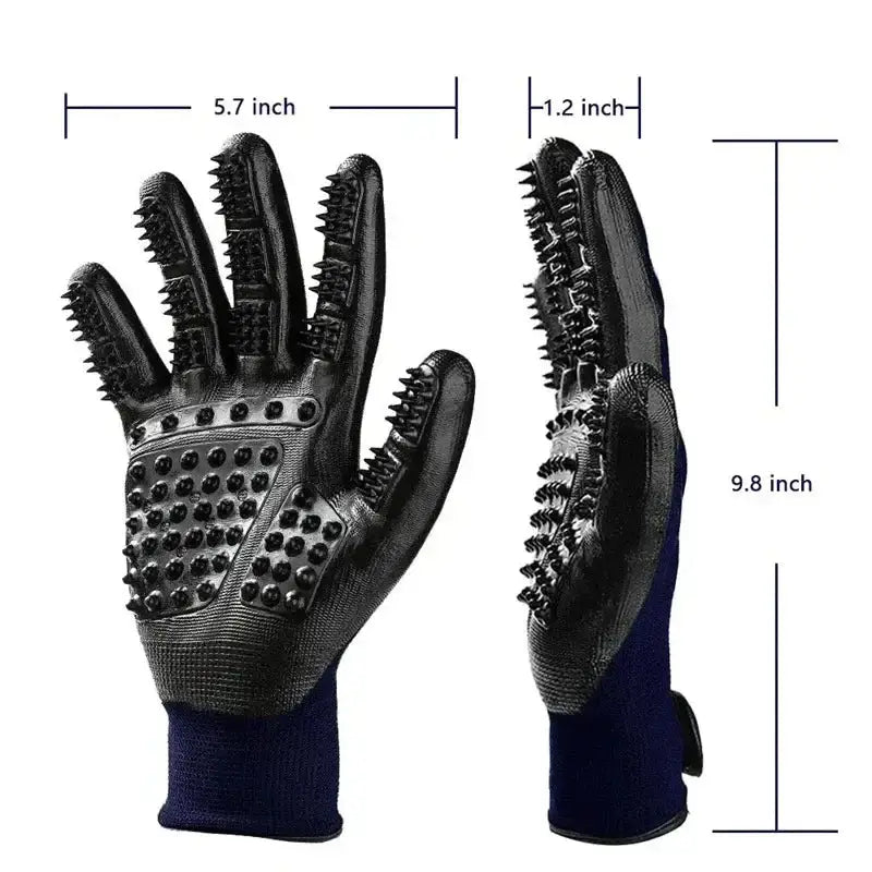 Pair of black grooming gloves with rubber bristles and navy blue cuffs.