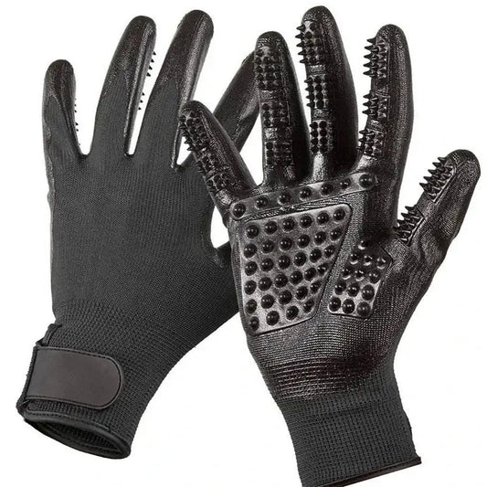 Pair of black grooming gloves with rubber nodules for pet hair removal.