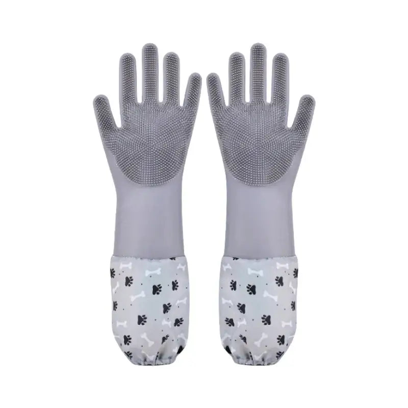 Pair of gray cleaning gloves with patterned cuffs.