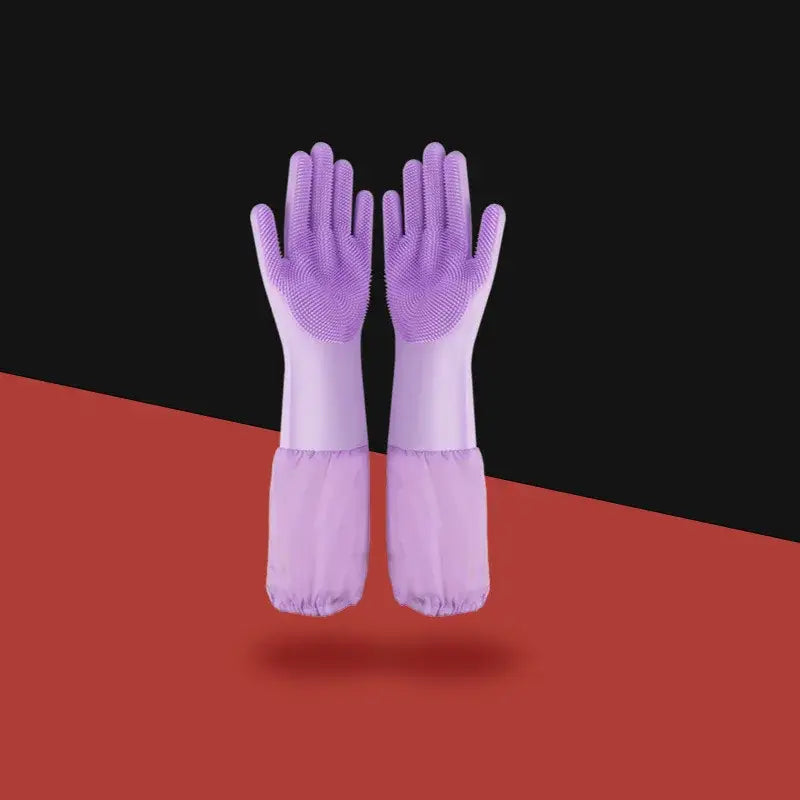 Pair of long purple rubber gloves.