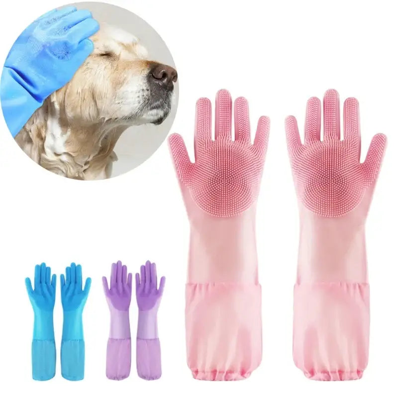 Pair of pink silicone cleaning gloves with textured palms and fingers.