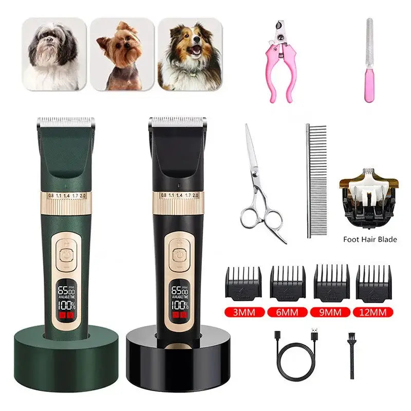 Electric dog grooming clippers with various attachments and accessories for pet care.